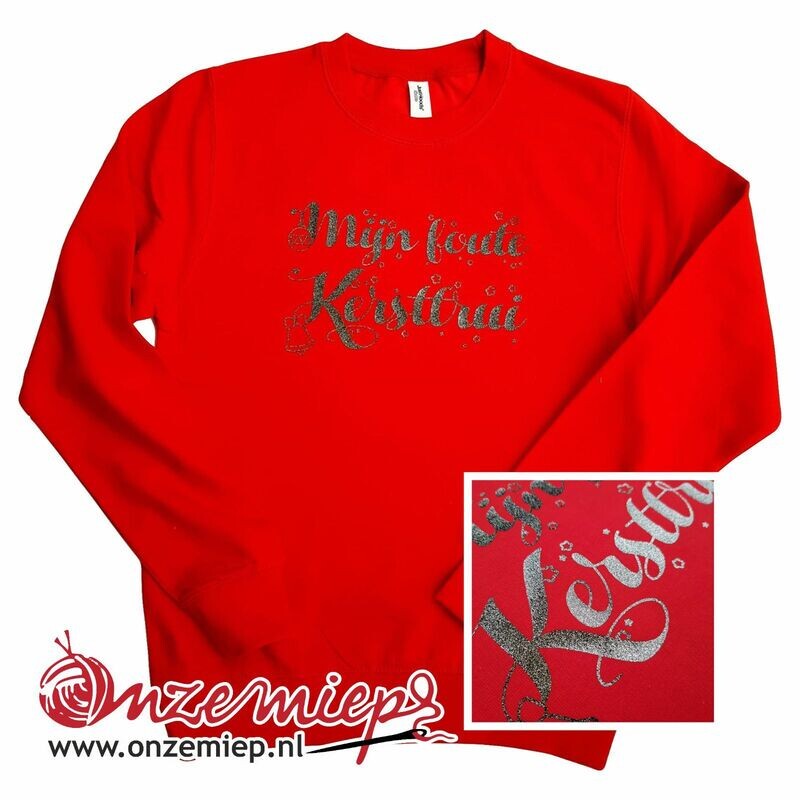 Rode sweater met &quot;Mijn foute kersttrui&quot; - zwart glitter
