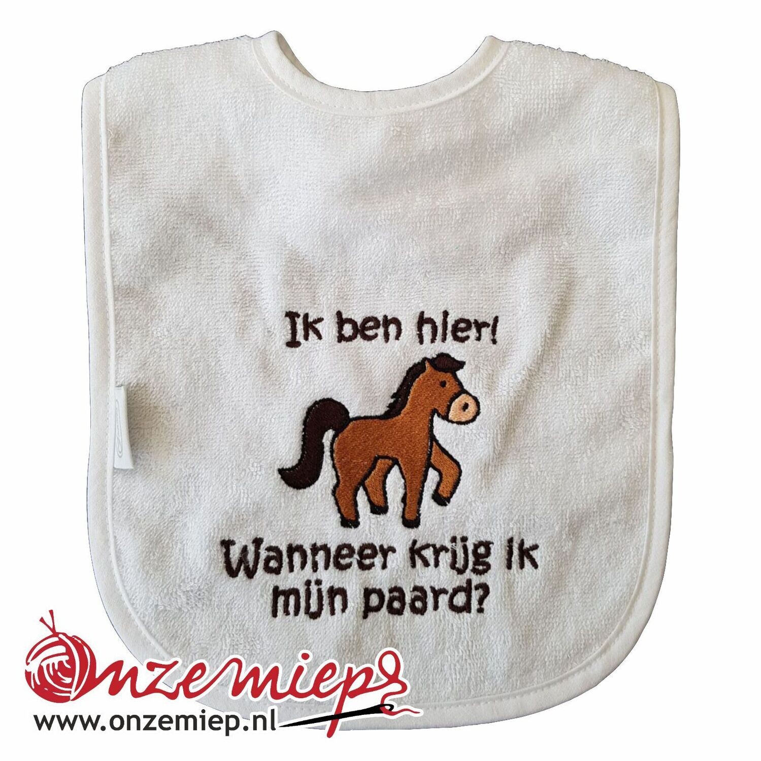 Witte slab met &quot;Ik ben hier! Wanneer krijg ik mijn paard?&quot;