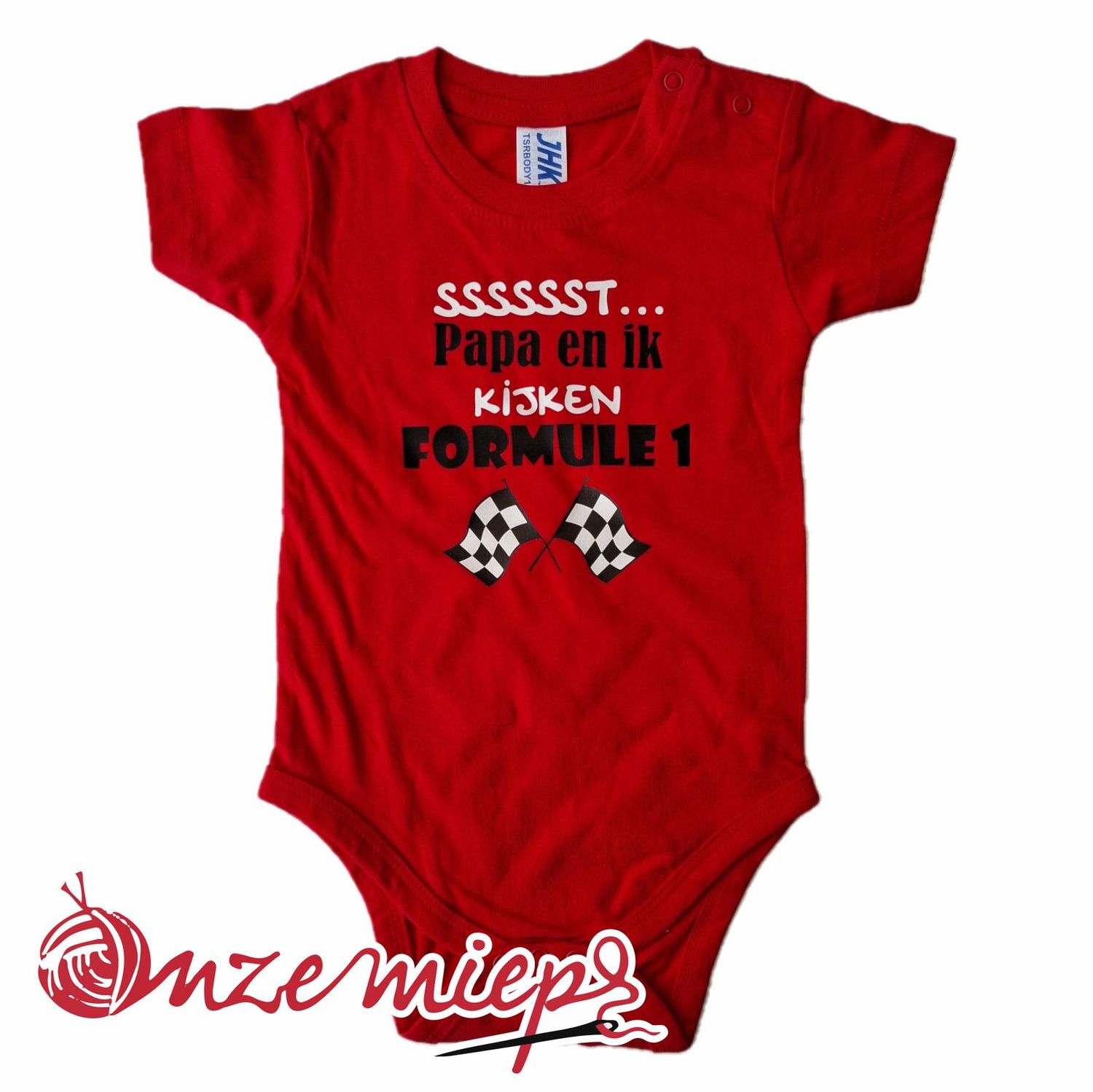 Rode romper met &quot;Sssssst... Papa en ik kijken formule 1&quot;