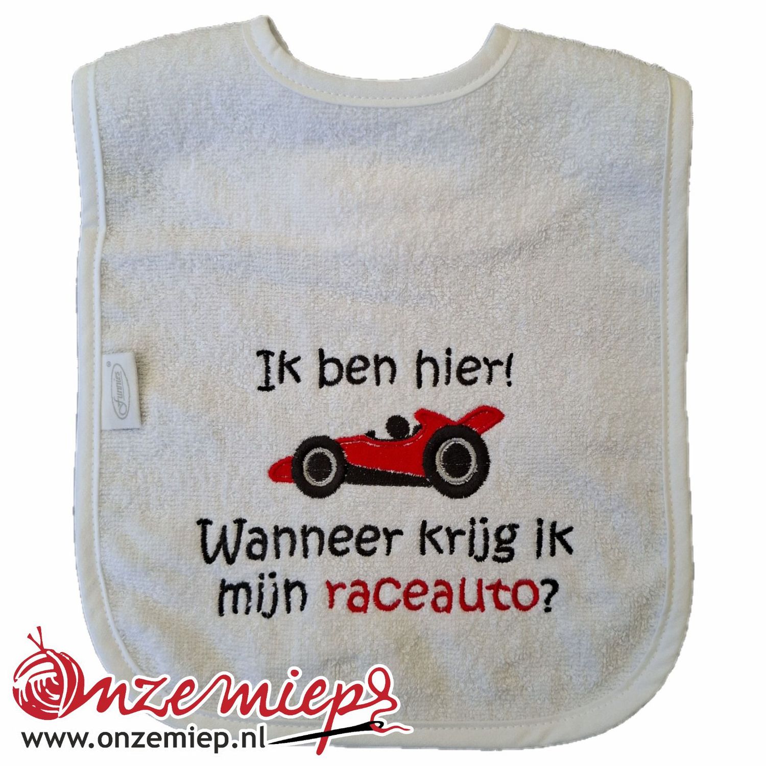Witte slab met &quot;Ik ben hier! Wanneer krijg ik mijn raceauto?&quot;