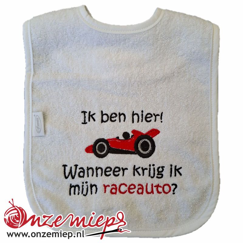 Witte slab met &quot;Ik ben hier! Wanneer krijg ik mijn raceauto?&quot;