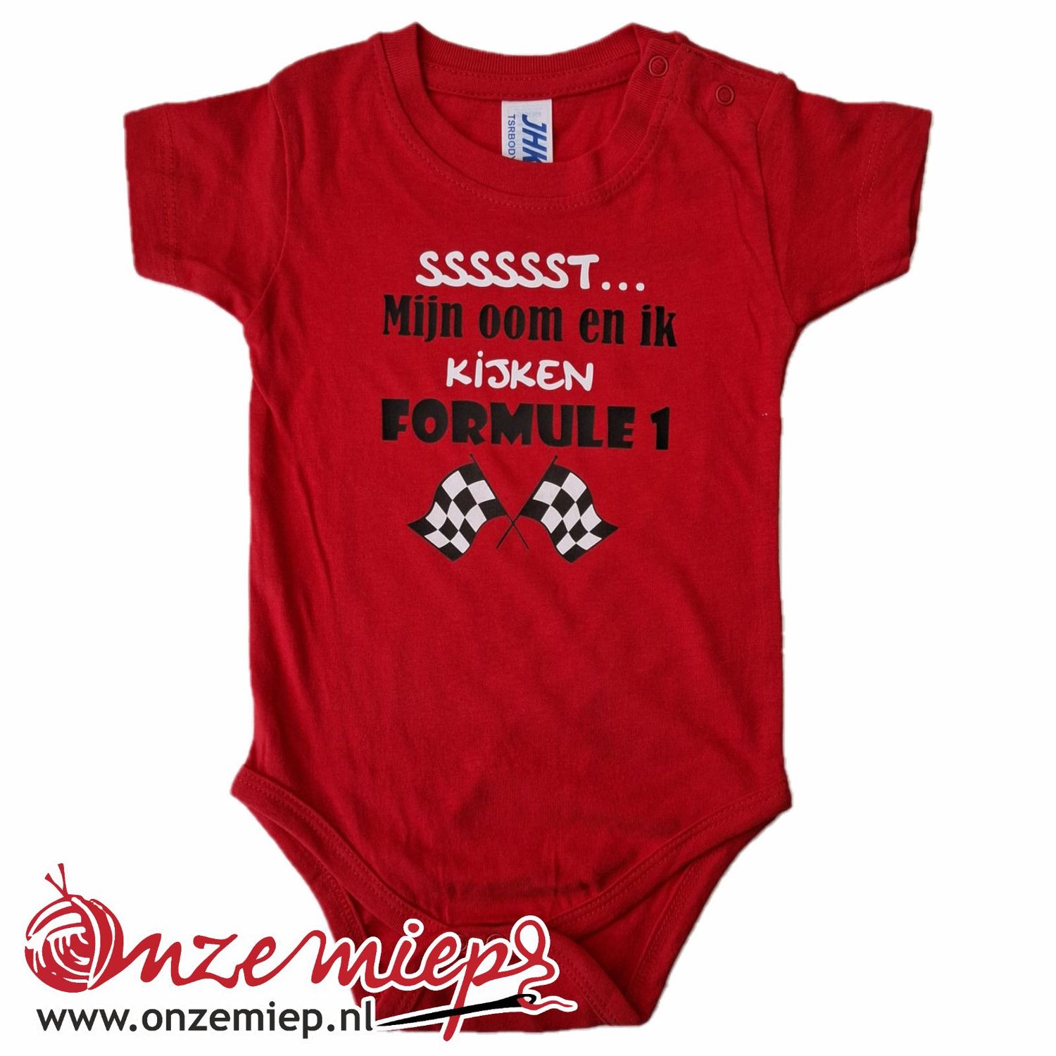 Rode romper met &quot;Sssssst... Mijn oom en ik kijken formule 1&quot;