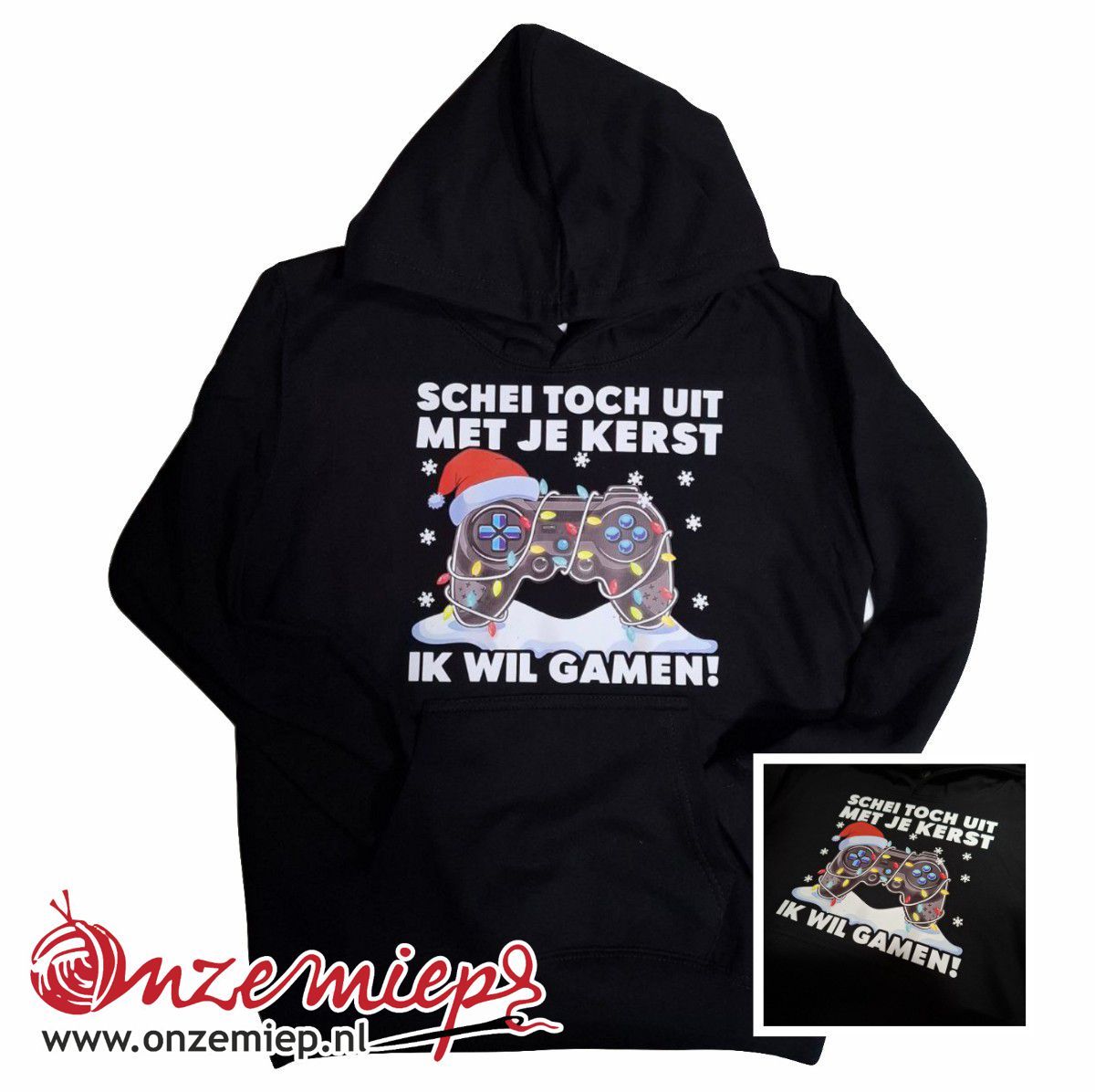 Zwarte hoodie met &quot;Schei uit met je kerst. Ik wil gamen!&quot;