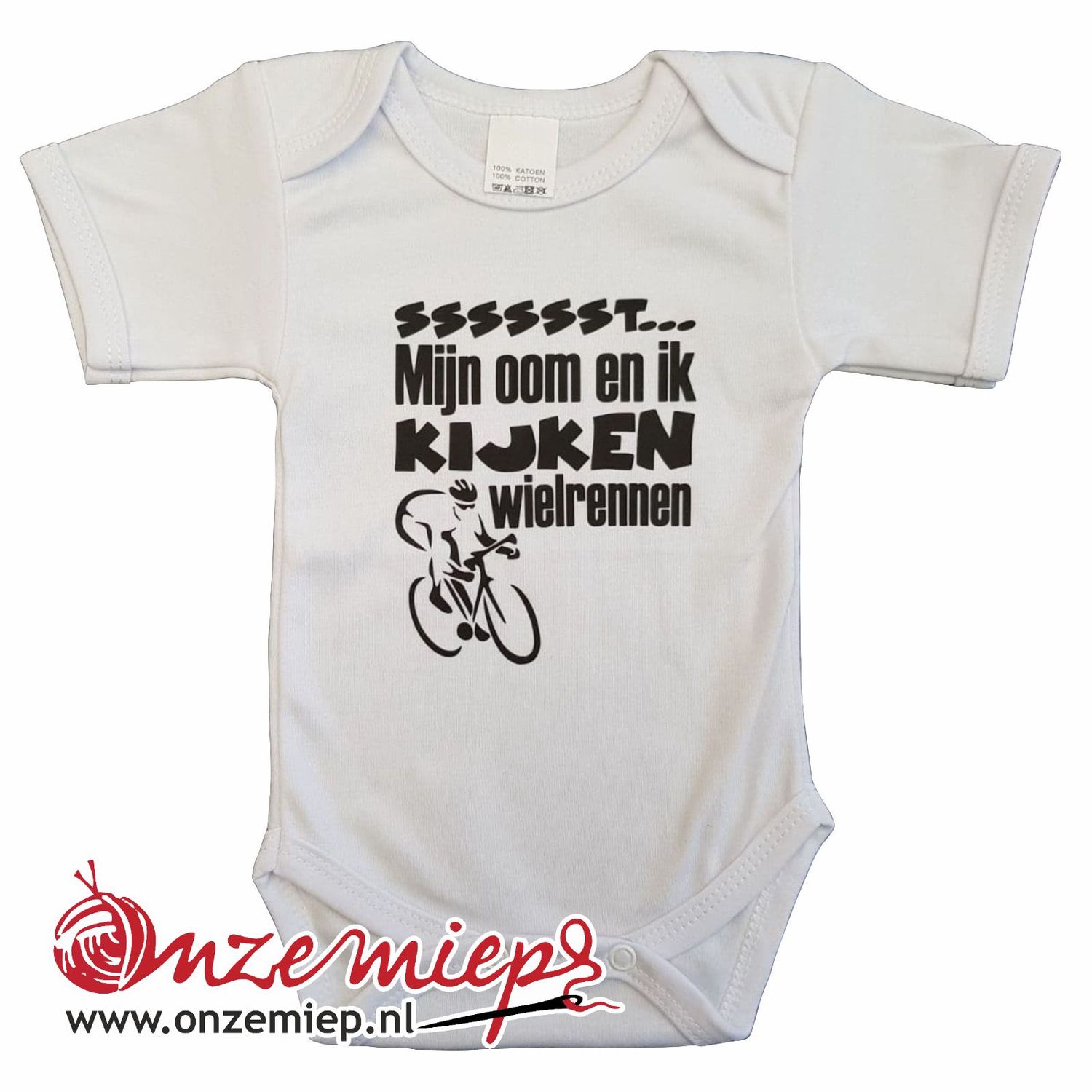 Witte romper met &quot;Sssssst... Mijn oom en ik kijken wielrennen&quot; - maat 80