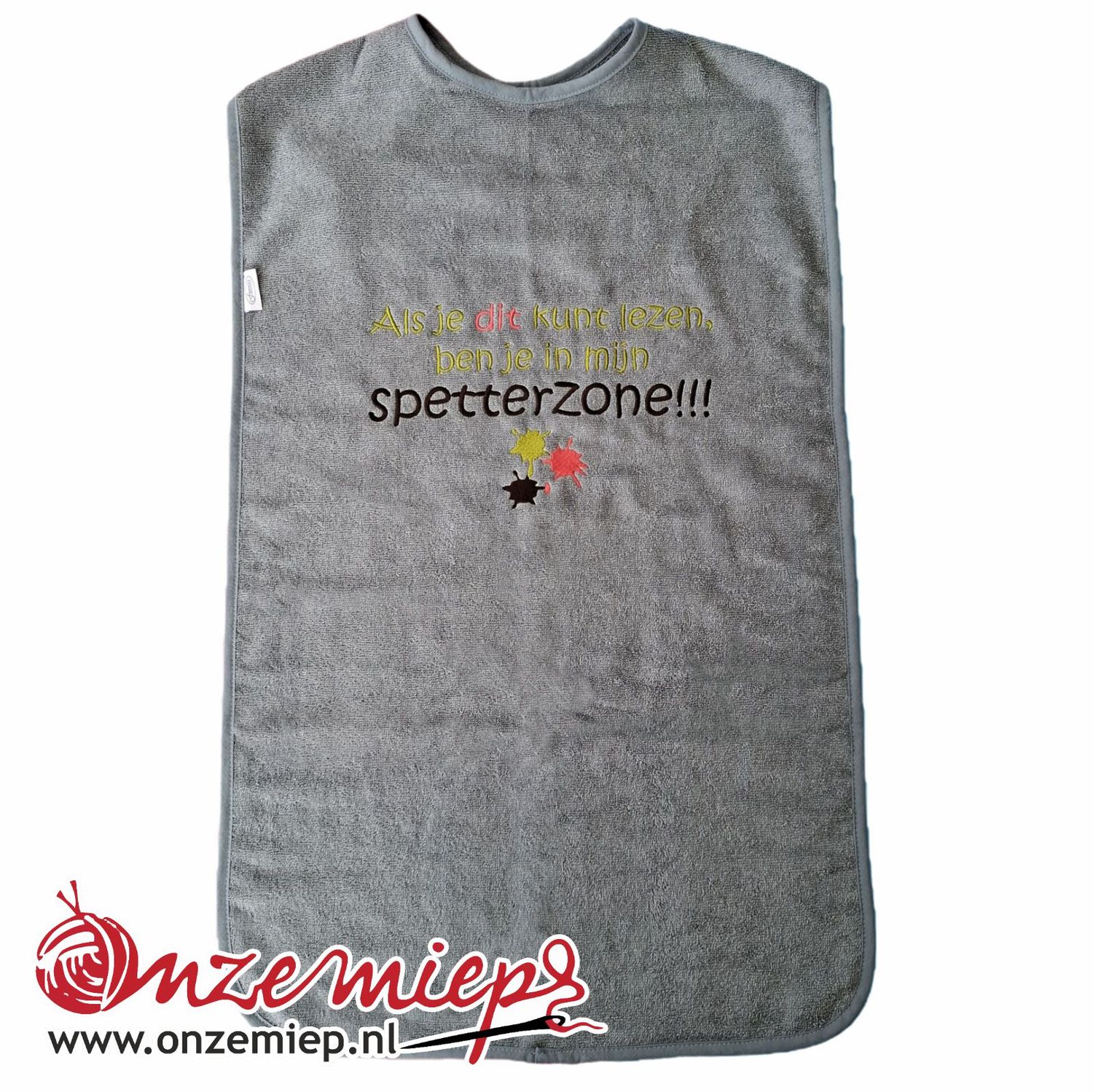 Grijs/blauwe slab voor volwassenen met "Als je dit kunt lezen, ben je in mijn spetterzone!!!" - 50 x 100 cm