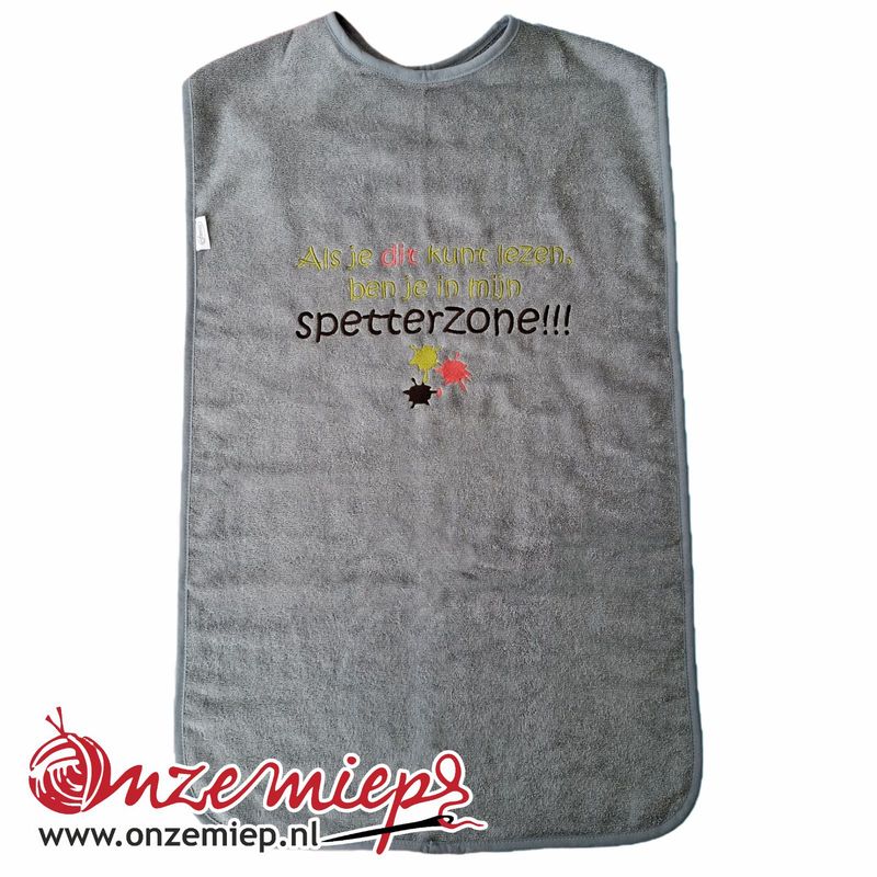 Grijs/blauwe slab voor volwassenen met "Als je dit kunt lezen, ben je in mijn spetterzone!!!" - 50 x 100 cm