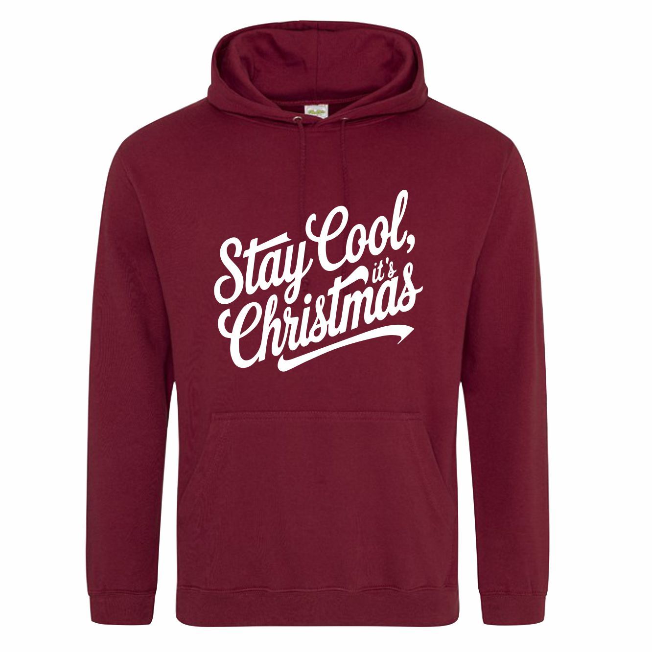Donker rode (burgundy) hoodie met "Stay cool, it's Christmas"