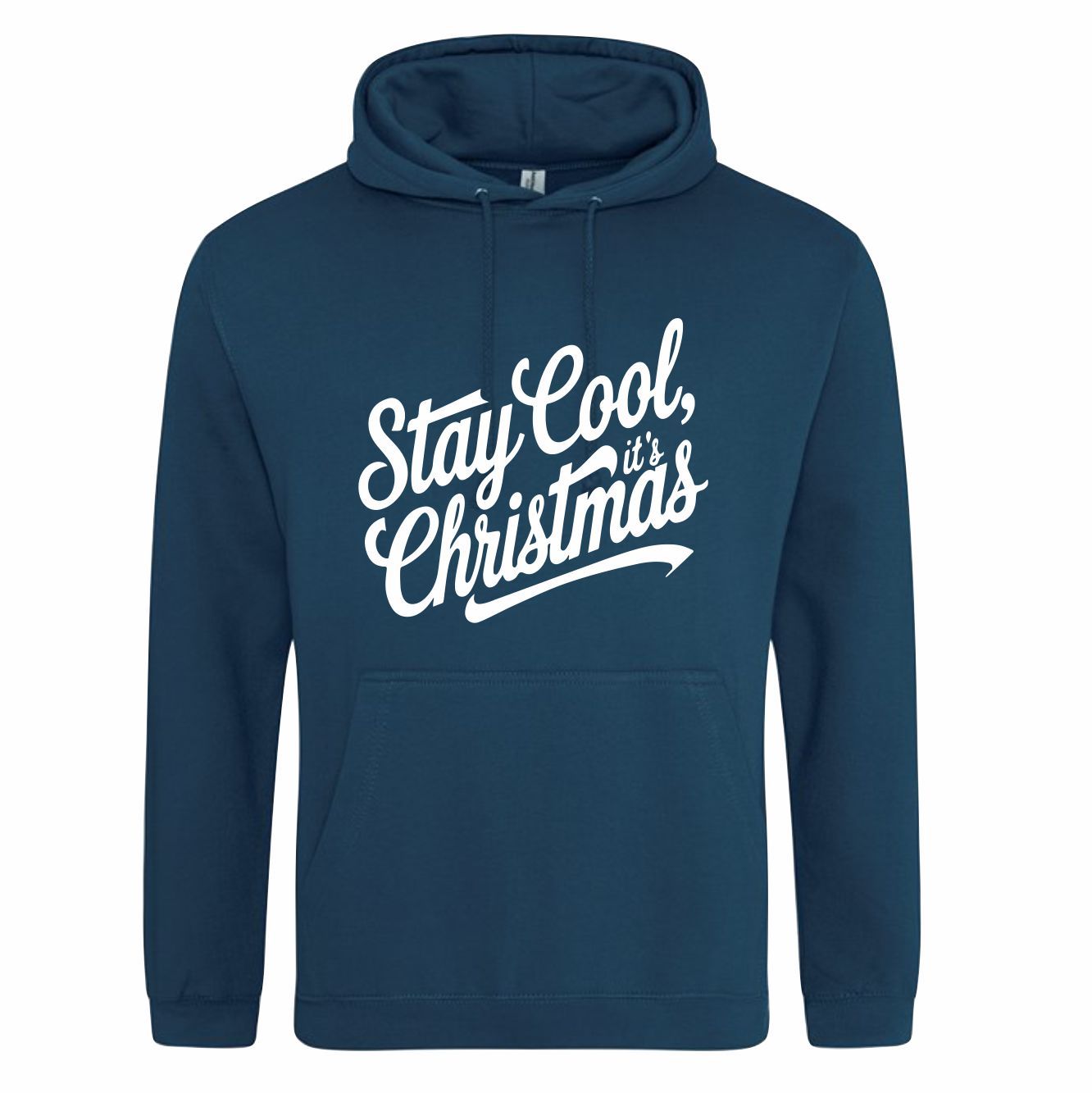 Blauwe (ink blue) hoodie met "Stay cool, it's Christmas"