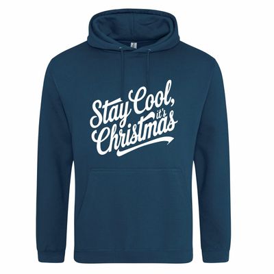 Blauwe (ink blue) hoodie met "Stay cool, it's Christmas"