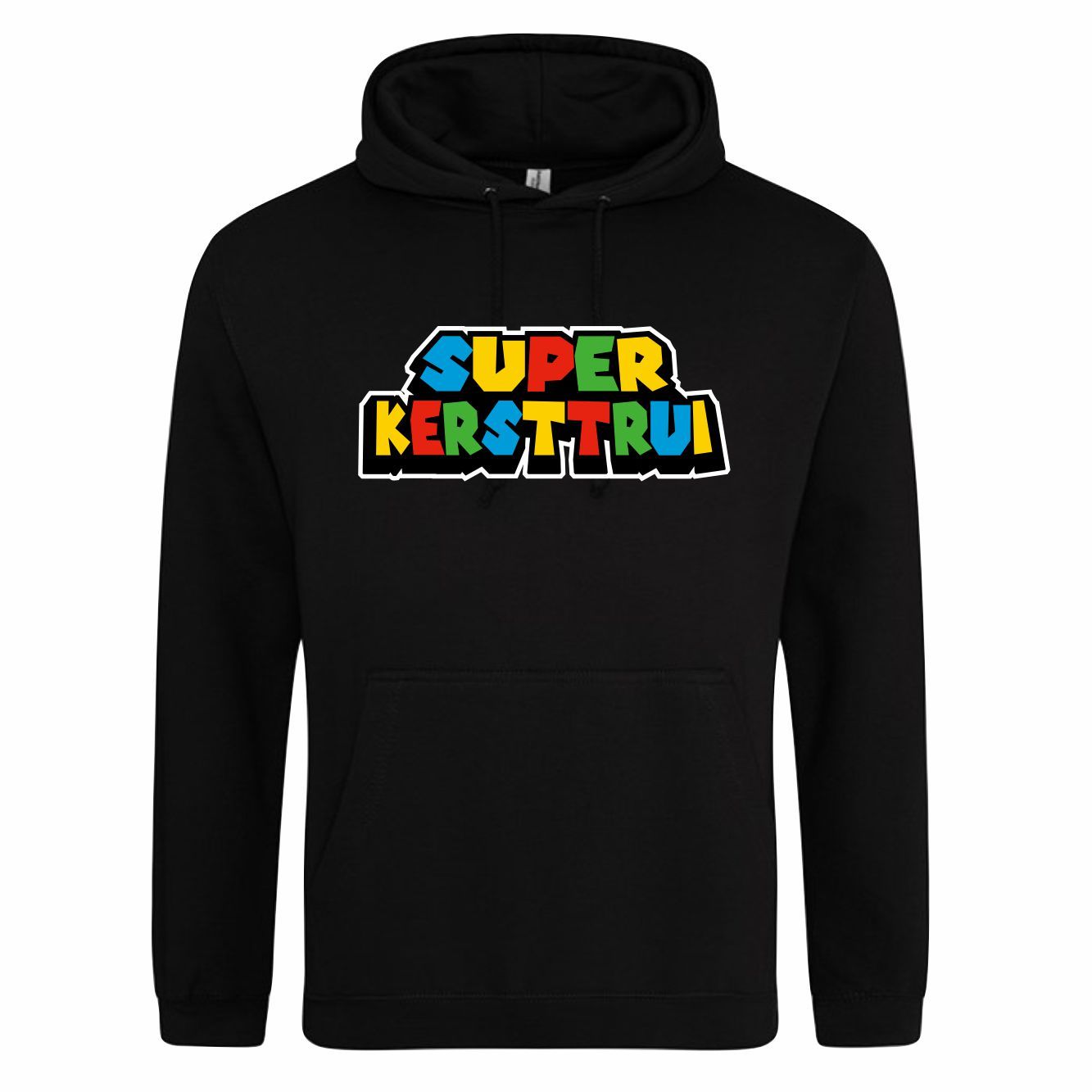 Zwarte hoodie met "Super kersttrui"