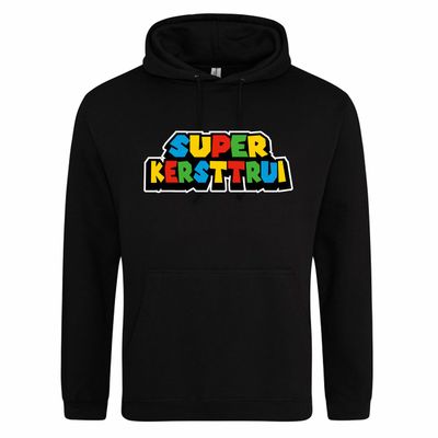 Zwarte hoodie met "Super kersttrui"