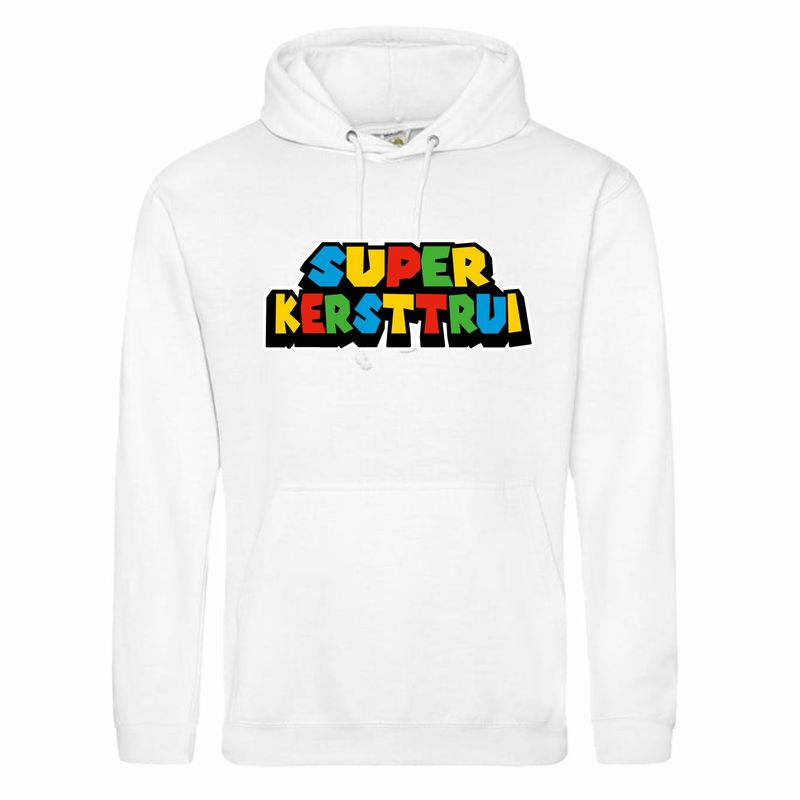 Witte hoodie met "Super kersttrui"