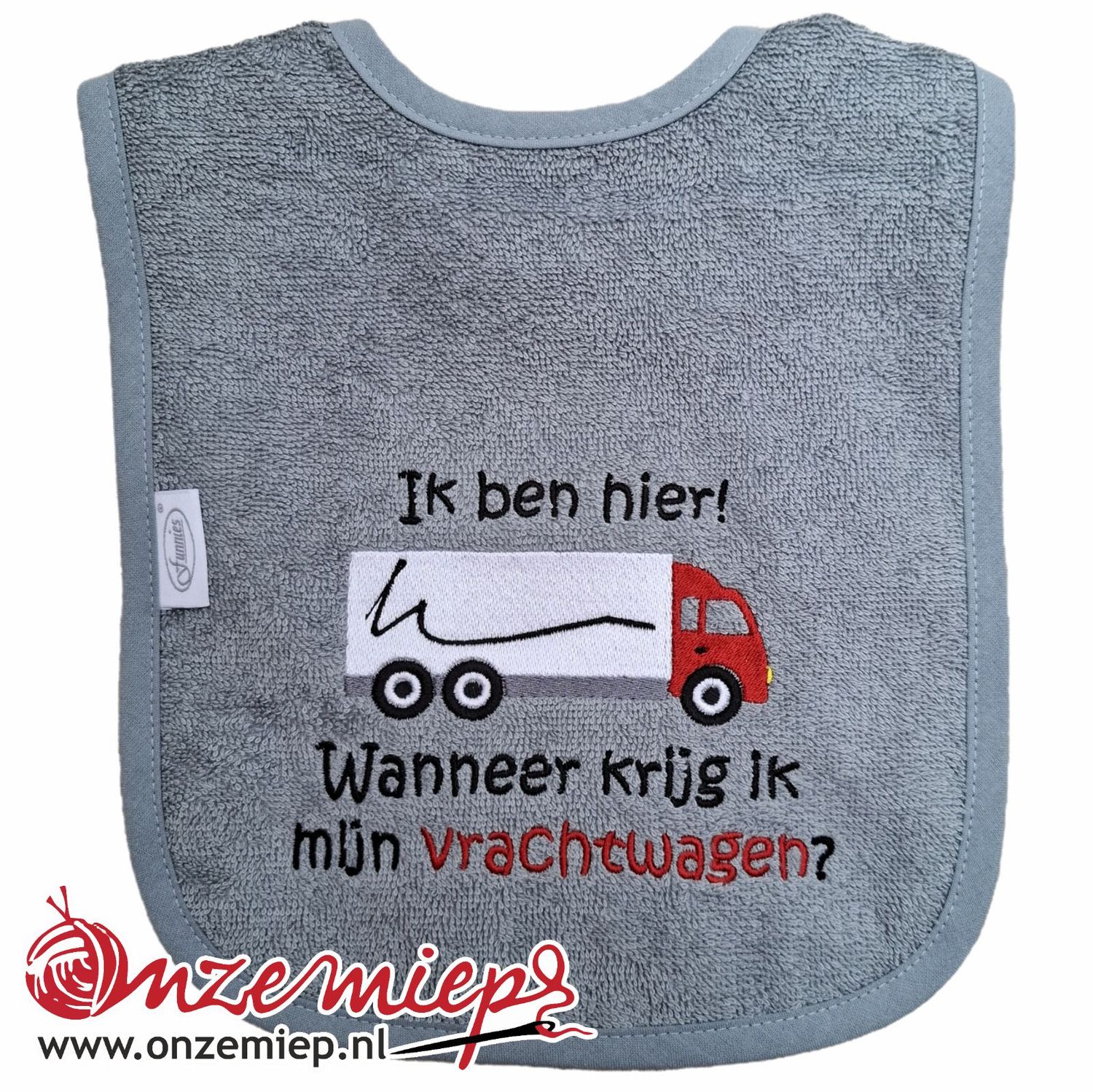 Grijs/blauwe  slab met "Ik ben hier! Wanneer krijg ik mijn vrachtwagen?" - Rode vrachtwagen