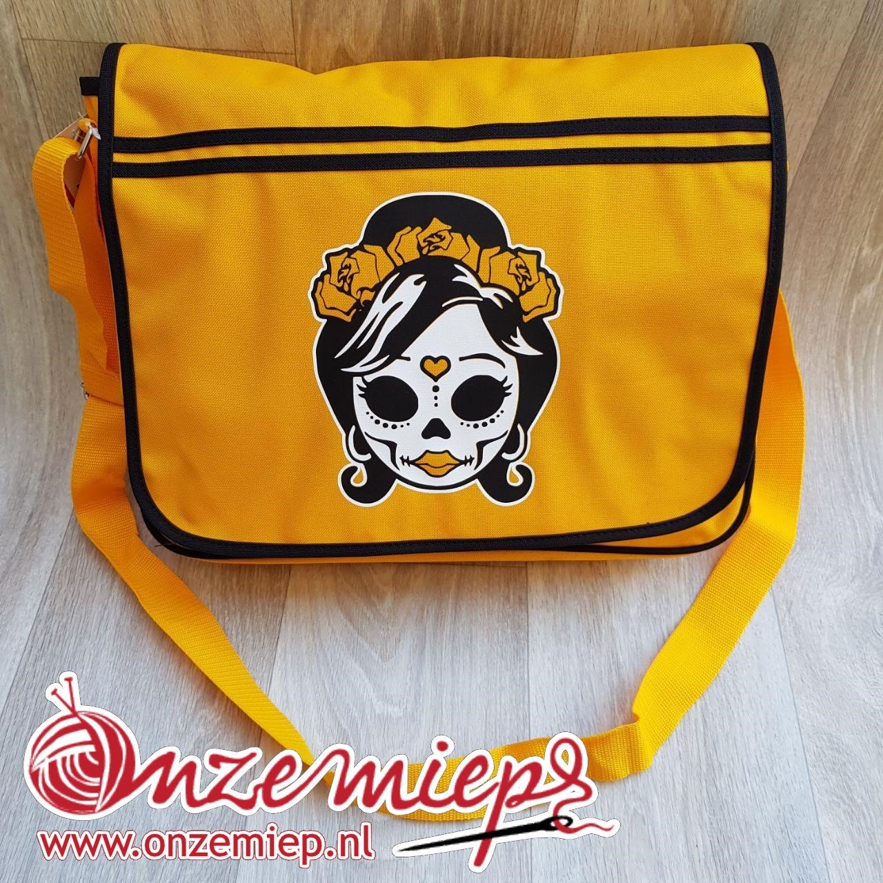Stoere gele retro schoudertas met mexican girl skull