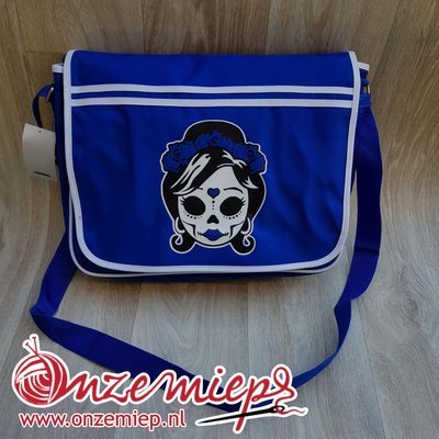 Stoere blauwe retro schoudertas met mexican girl skull