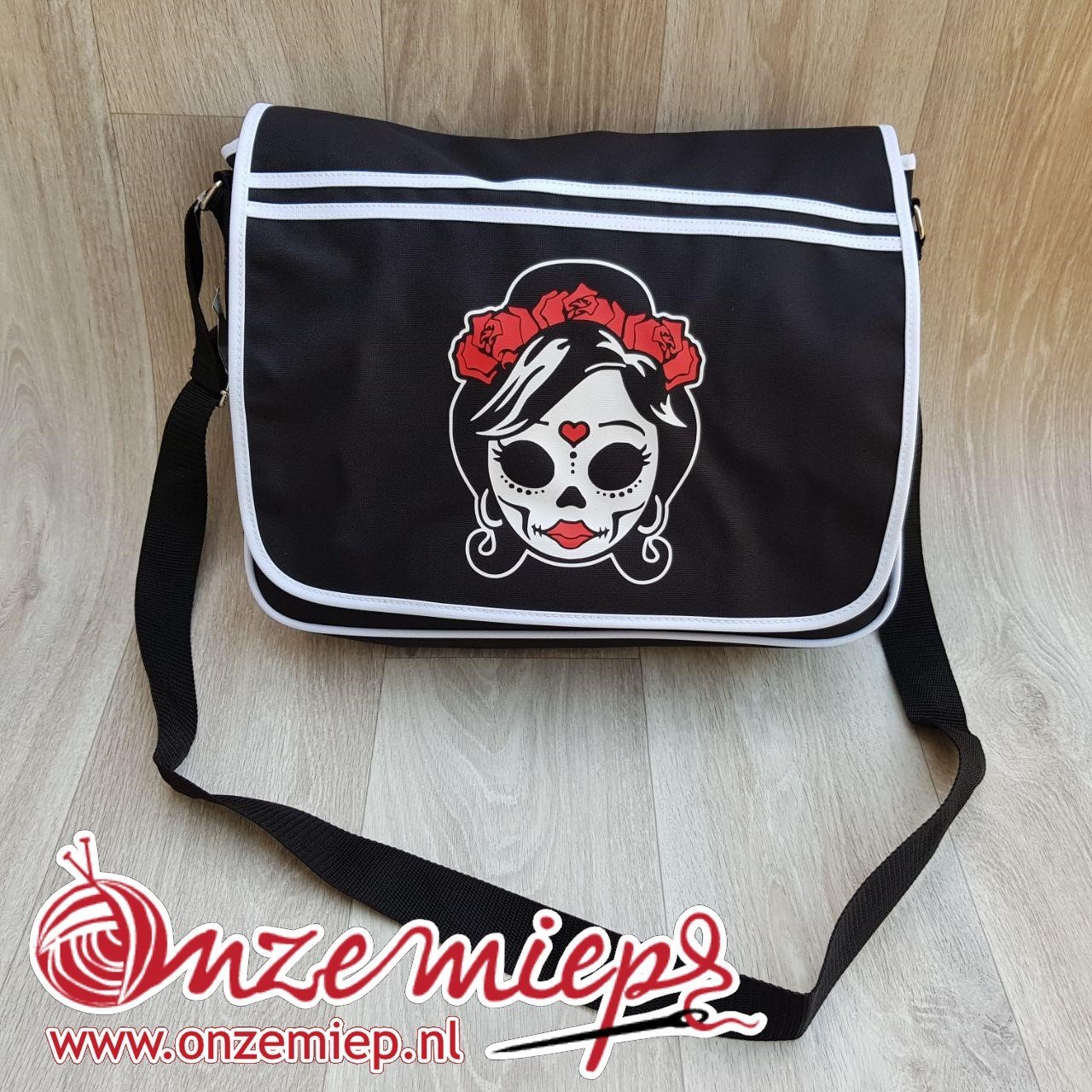 Stoere zwarte retro schoudertas met mexican girl skull