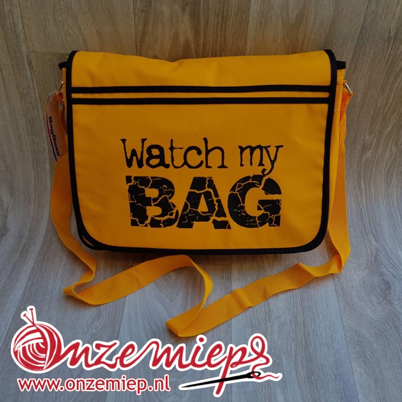 Stoere gele retro schoudertas met "Watch my bag"