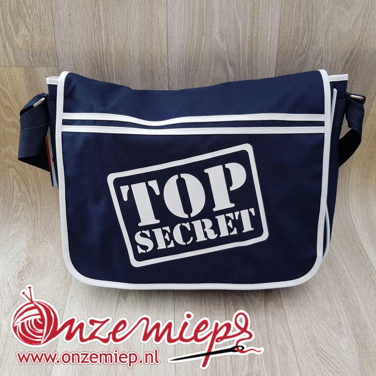 Stoere blauwe retro schoudertas met "Top secret"