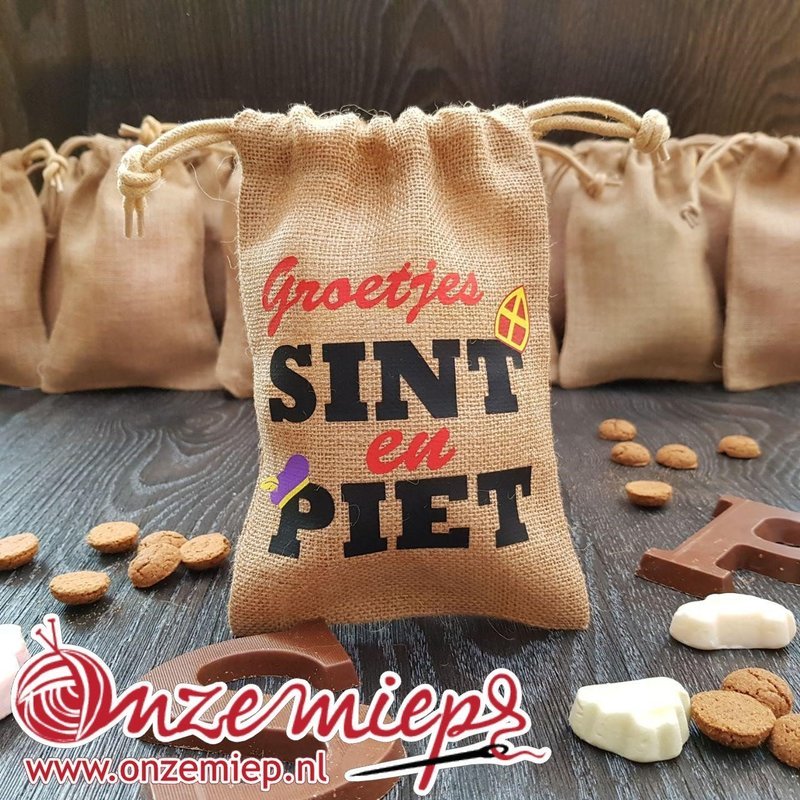Jute pepernoten zakje voor sinterklaas - Groetjes Sint en Piet