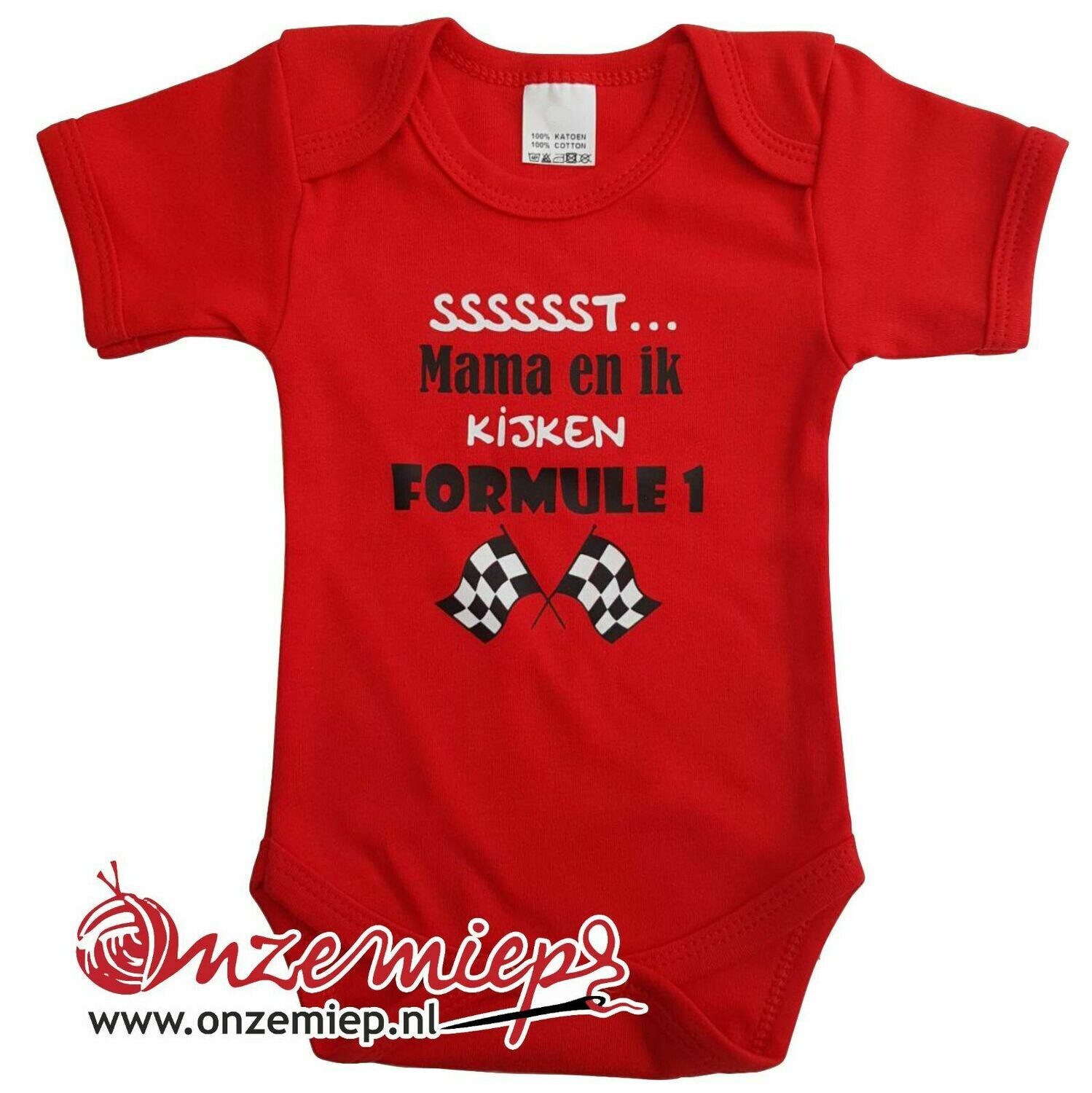 Rode romper met "Sssssst... Mama en ik kijken Formule 1" - maat 80