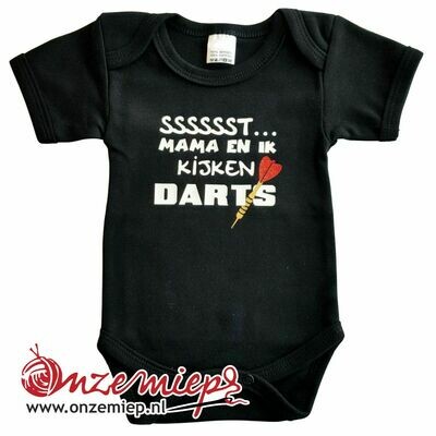 Zwarte romper met "Sssssst... Mama en ik kijken darts" - maat 80