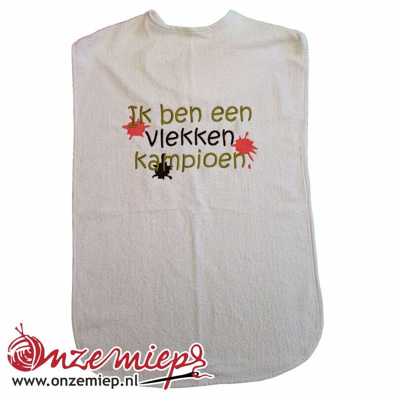 Witte slab voor volwassenen met "Ik ben een vlekken kampioen" - 50 x 100 cm