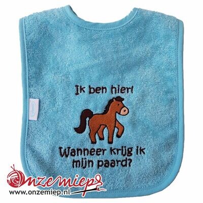 Licht blauwe slab met "Ik ben hier! Wanneer krijg ik mijn paard?"