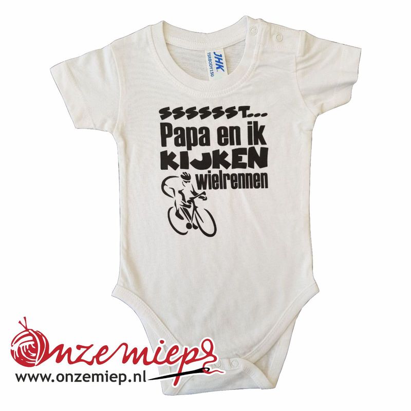 Witte romper met "Sssssst... Papa en ik kijken wielrennen" - 9 maanden