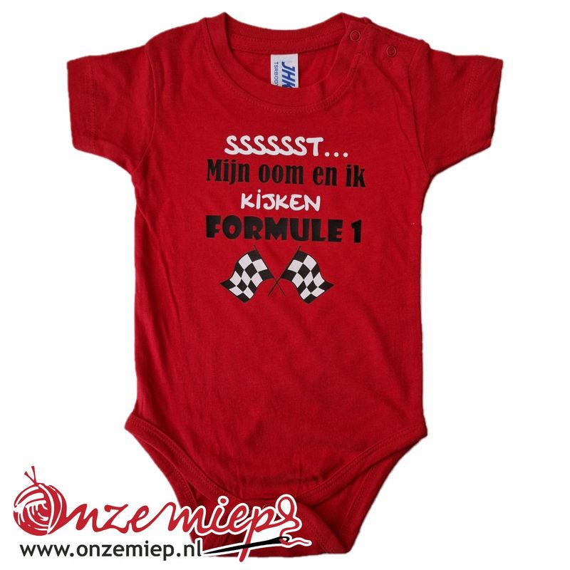 Rode romper met "Sssssst... Mijn oom en ik kijken formule 1" - 6 maanden