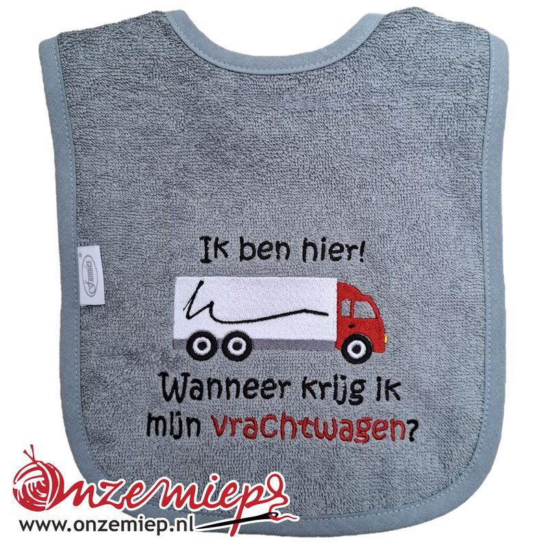 Grijs/blauwe  slab met "Ik ben hier! Wanneer krijg ik mijn vrachtwagen?" - Rode vrachtwagen