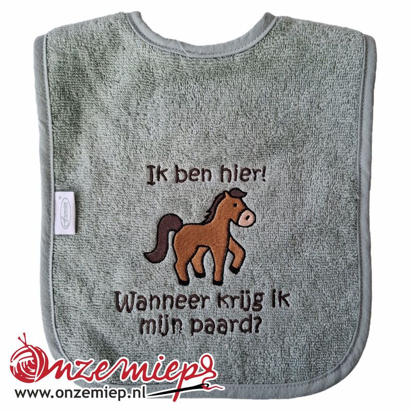 Groene (stone green) slab met "Ik ben hier! Wanneer krijg ik mijn paard?"