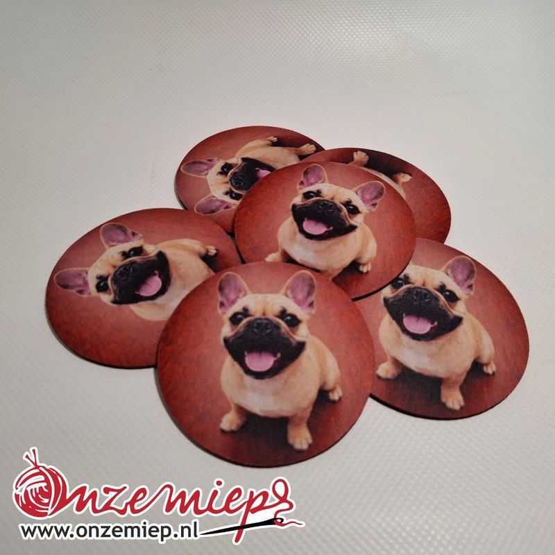 Franse bulldog onderzetters – set van 6 rubberen onderzetters