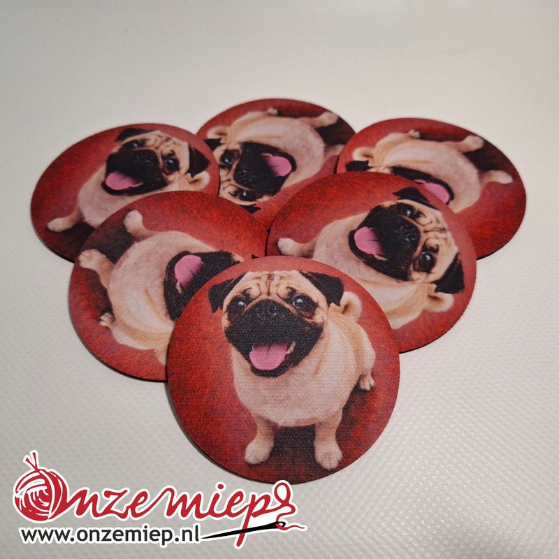 Mopshondje onderzetters – set van 6 rubberen onderzetters