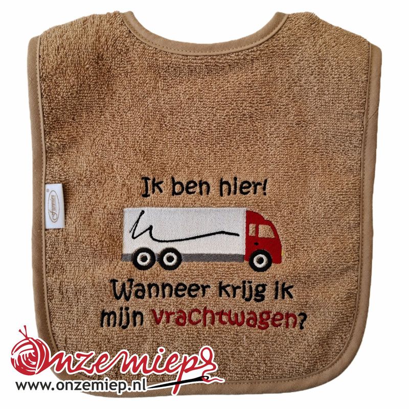 Bruine (sand) slab met "Ik ben hier! Wanneer krijg ik mijn vrachtwagen?" - Rode vrachtwagen