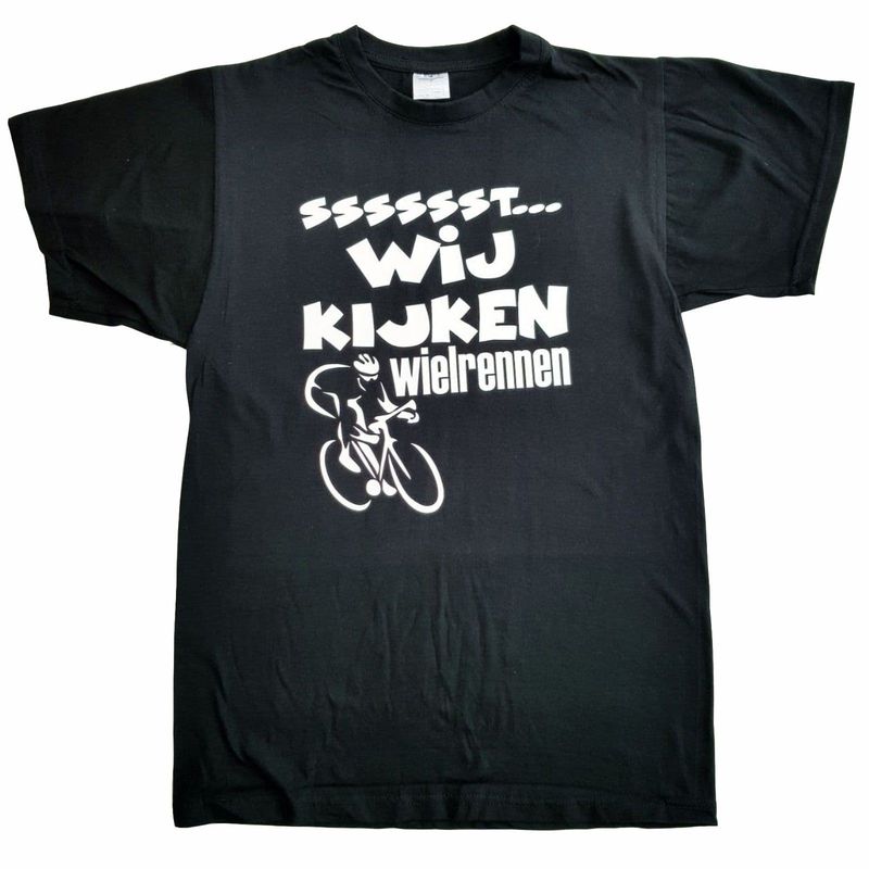 Zwart t-shirt met "Sssssst... Wij kijken wielrennen" - maat L