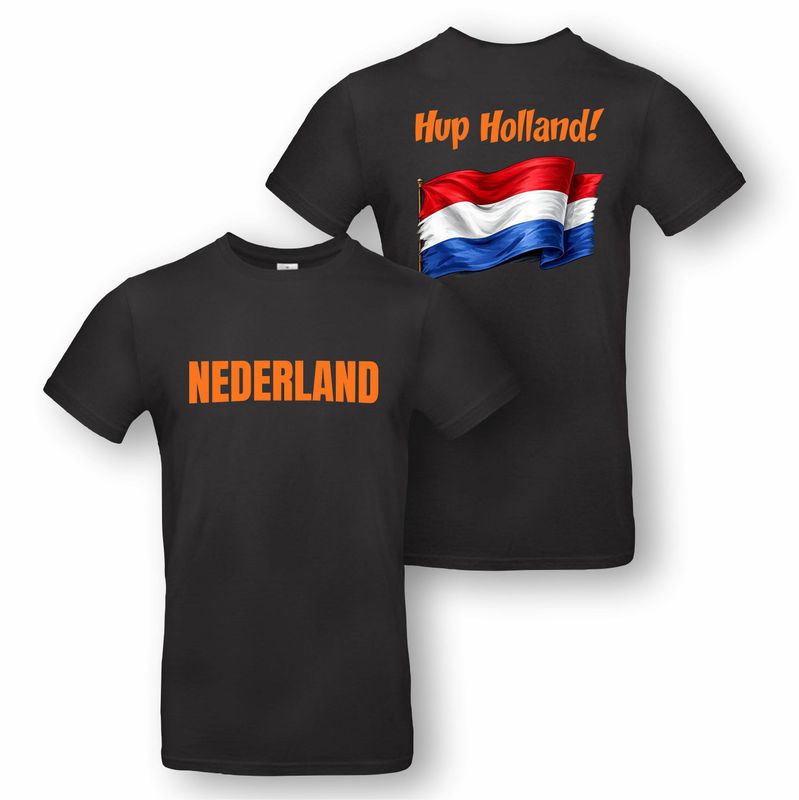 Zwart WK t-shirt met "Nederland" en "Hup Holland" - Gildan - maat 2XL, 3XL, 4XL en 5XL