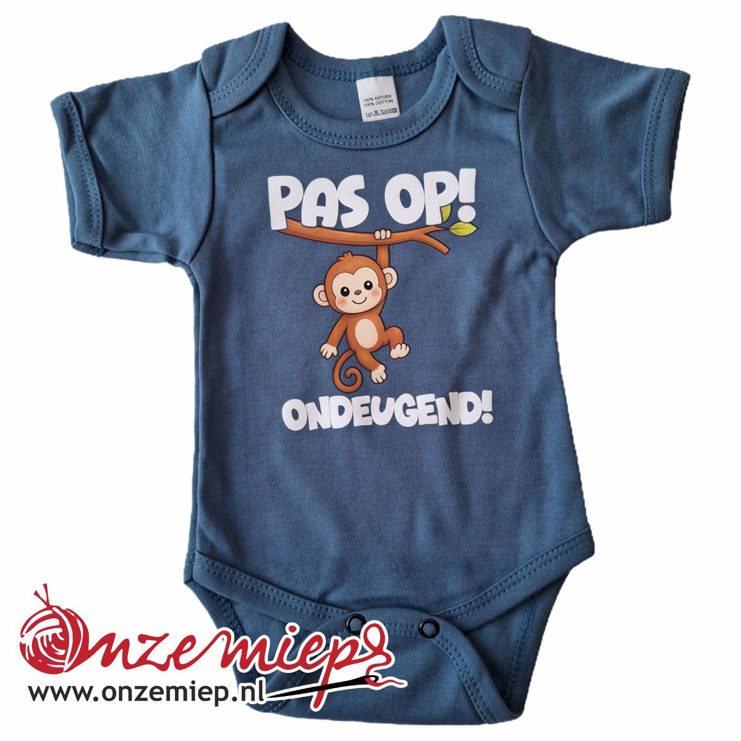 Blauwe (jeans) romper met "Pas op! Ondeugend!"