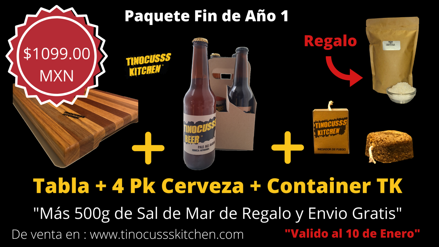 Promo Fin de Año (Tabla + 4 Pack Cerveza Mixto + Container TK + (Sal de Mar y Envío gratis)