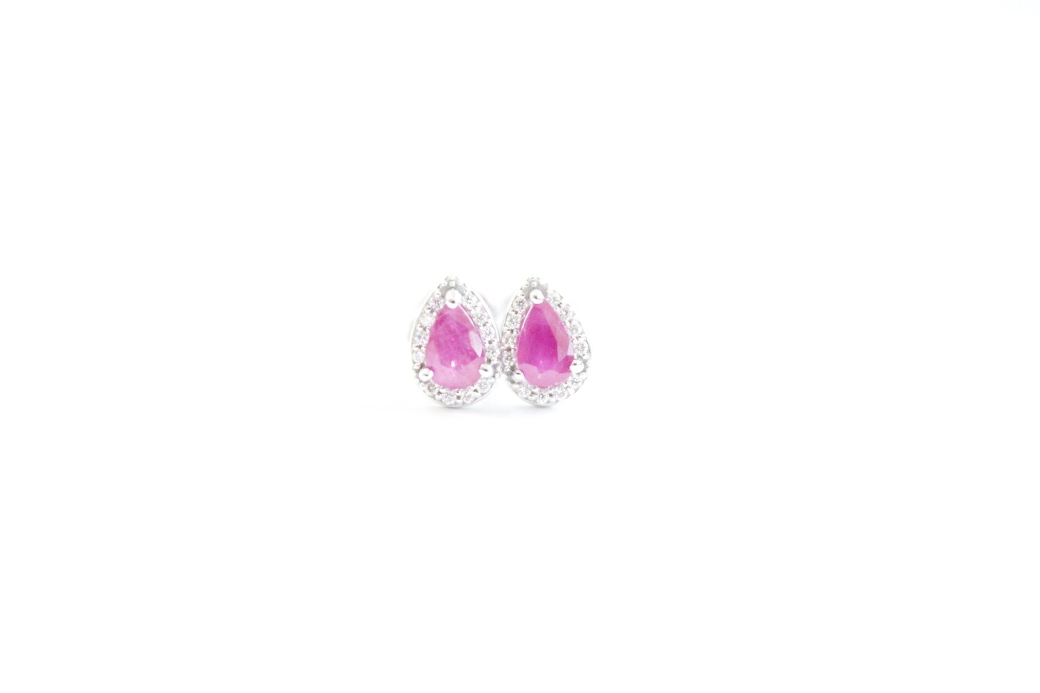 14KT WHITE GOLD .70CT TOTAL PEAR RUBY HALO EARRINGS, 2 RUBIES AT .64, 5x3MM &amp; 26 DIAMONDS AT .06CT