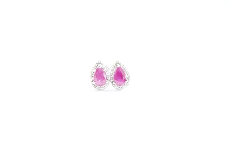 14KT WHITE GOLD .70CT TOTAL PEAR RUBY HALO EARRINGS, 2 RUBIES AT .64, 5x3MM &amp; 26 DIAMONDS AT .06CT