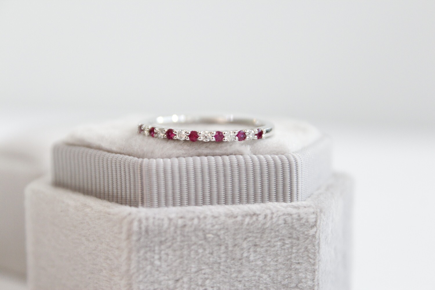 18KW .18CT DIAMOND &amp; RUBY BAND, 6 DIAMONDS AT .07CT &amp; 7 RUBIES AT .11CT 