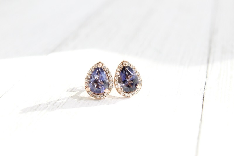 14kr 1.22ct Total Pear Iolite Diamond Halo Earrings 