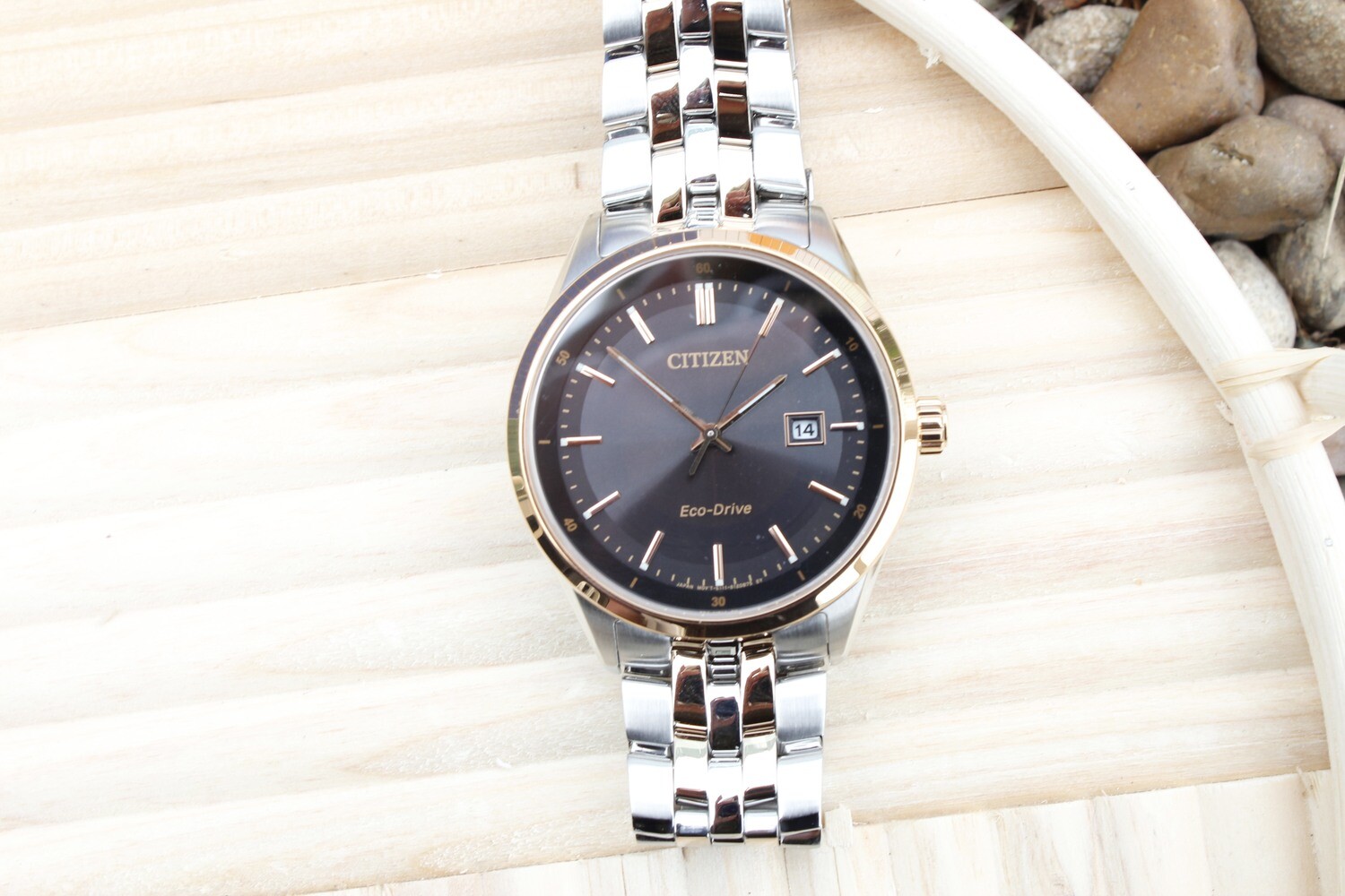 CITIZEN MENS CORSO ECO DRIVE TWO TONE WATCH WITH BLACK FACE