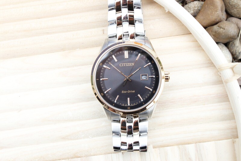 CITIZEN MENS CORSO ECO DRIVE TWO TONE WATCH WITH BLACK FACE