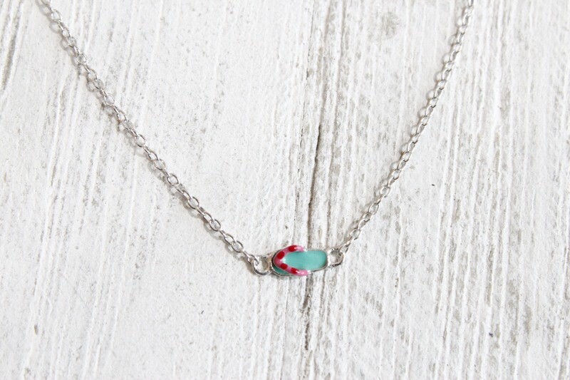 Sterling Silver Teal and Pink Enameled Flip-flop with 2in Ext Necklace