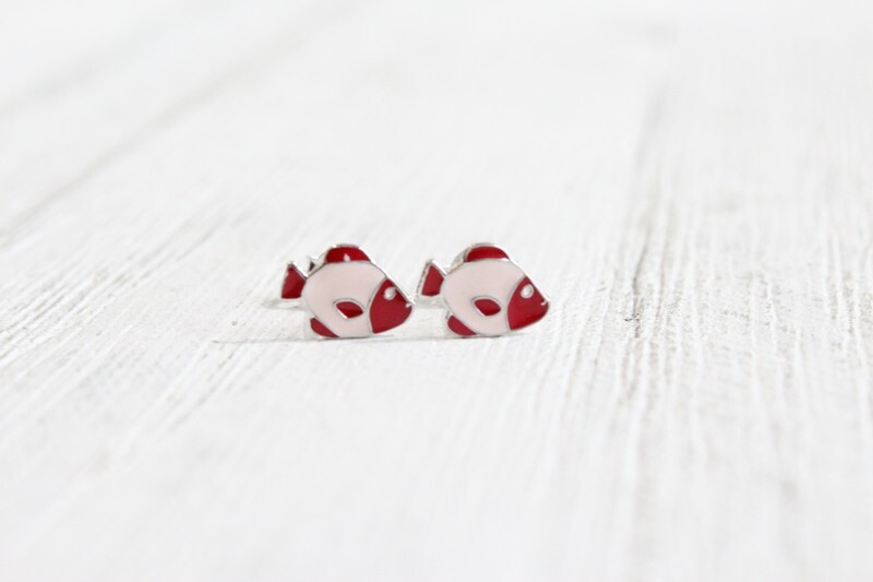 Sterling Silver Pink Enamel Kids Fish Post Earrings