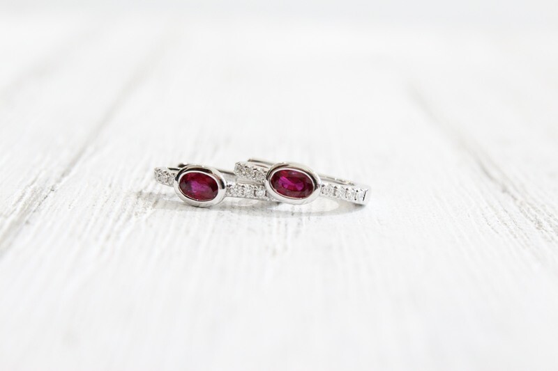 14kw .64ct Total Diamond &amp; Ruby Hoop Earrings, 2 Rubies at .54ct &amp; 16 Round Diamonds at .10ct