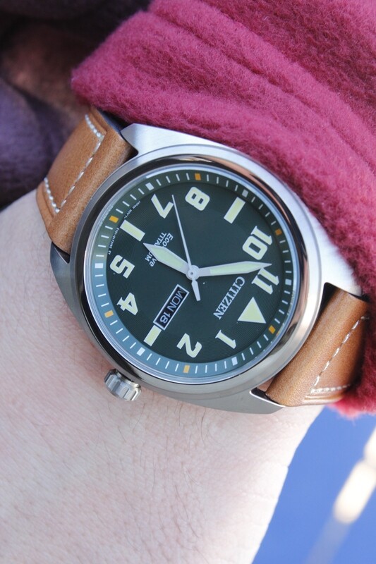 Citizen Mens Eco Brown Leather Green Dial Day/Date
