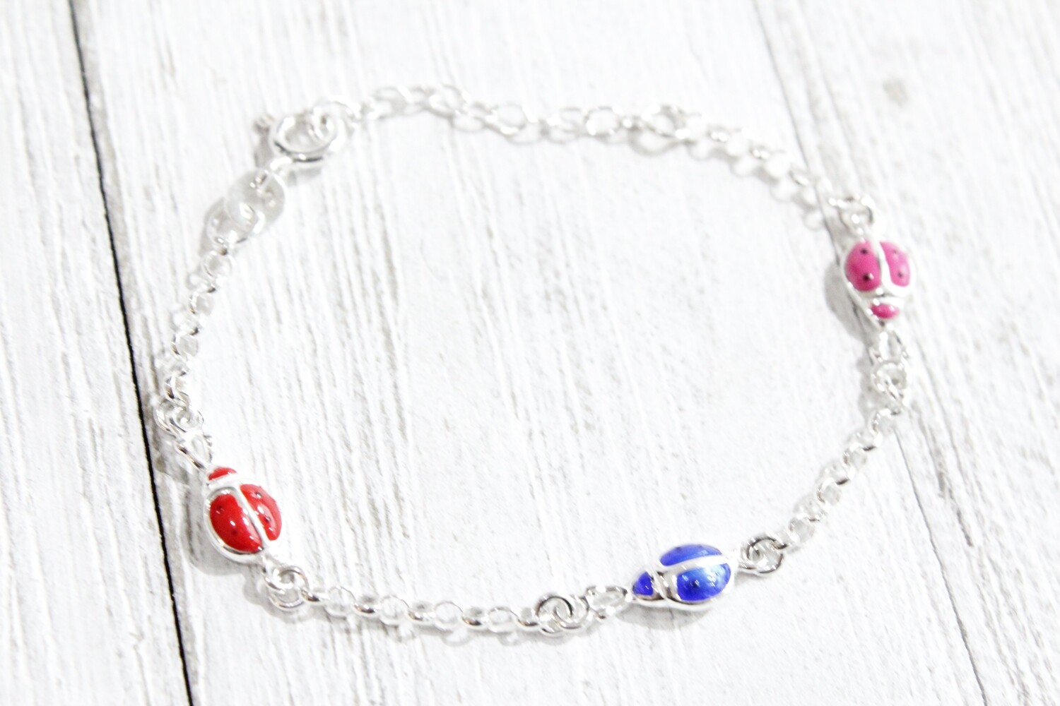 Sterling Silver Enameled Ladybug Childs 5in Plus 1in ext. Bracelet