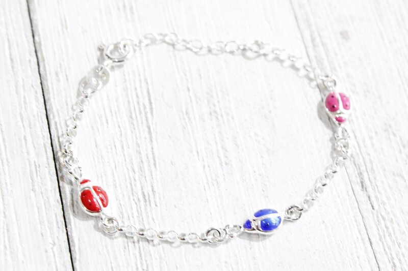 Sterling Silver Enameled Ladybug Childs 5in Plus 1in ext. Bracelet